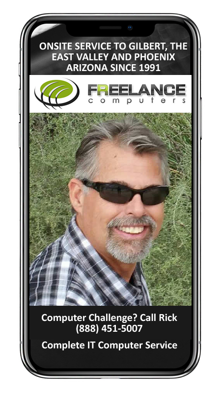 Phone screen showing Rick Hill and the Freelance Computers logo with the message: Computer challenge? Call Rick