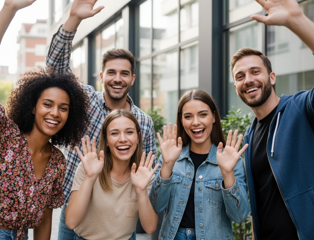 Group of happy people waving outside an office