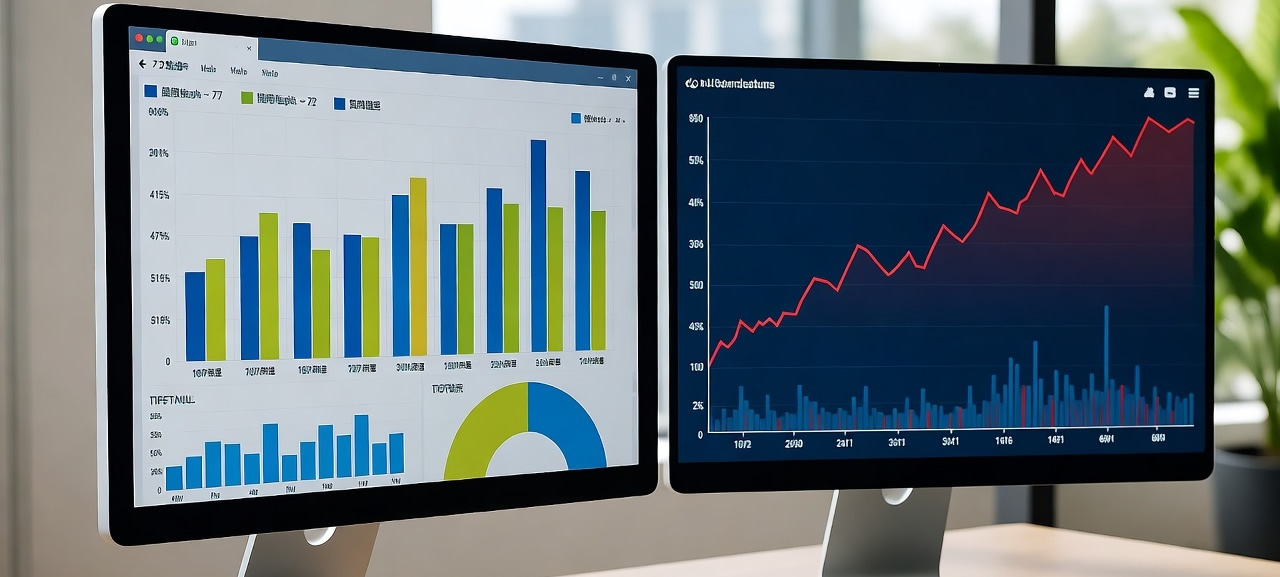 Monitoring dashboards on two screens used to watch managed clients' systems