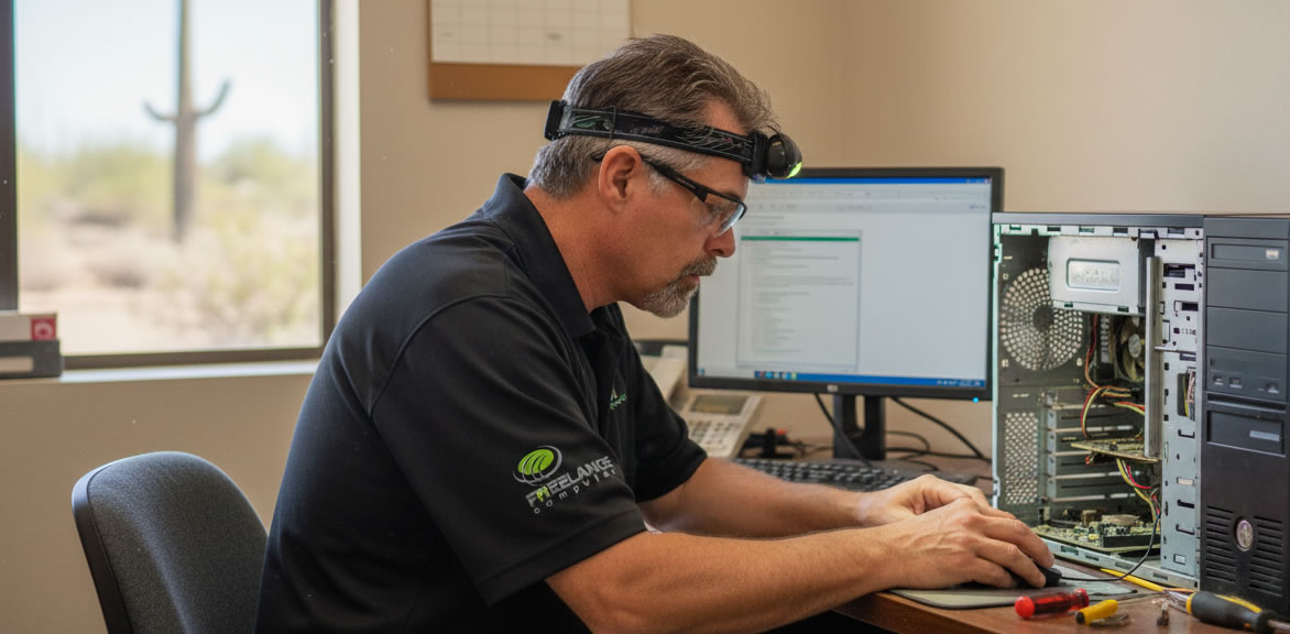 Rick Hill diagnosing an open desktop computer at his repair bench