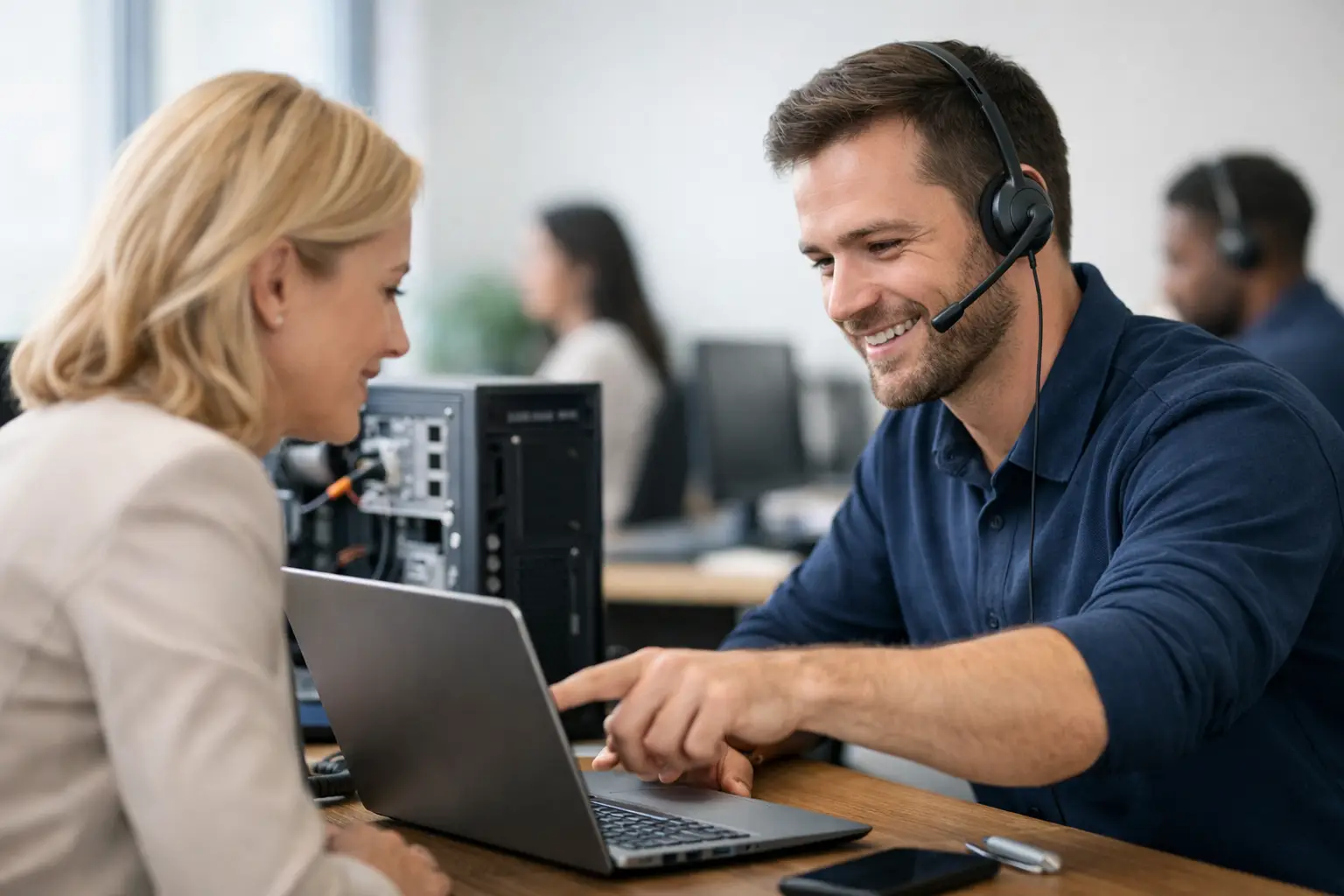 IT technician with a headset helping a small business client at her computer
