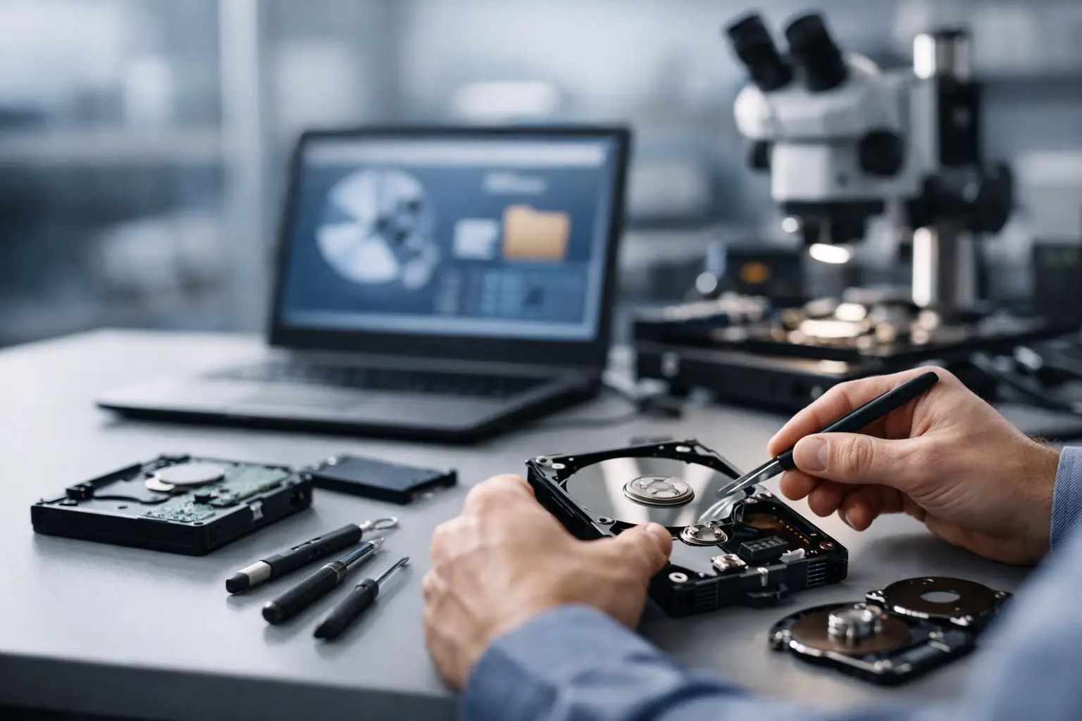 Technician working on an opened hard drive to recover data